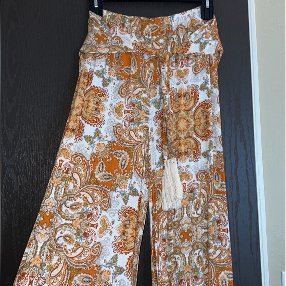 floral orange 70s vibe pants